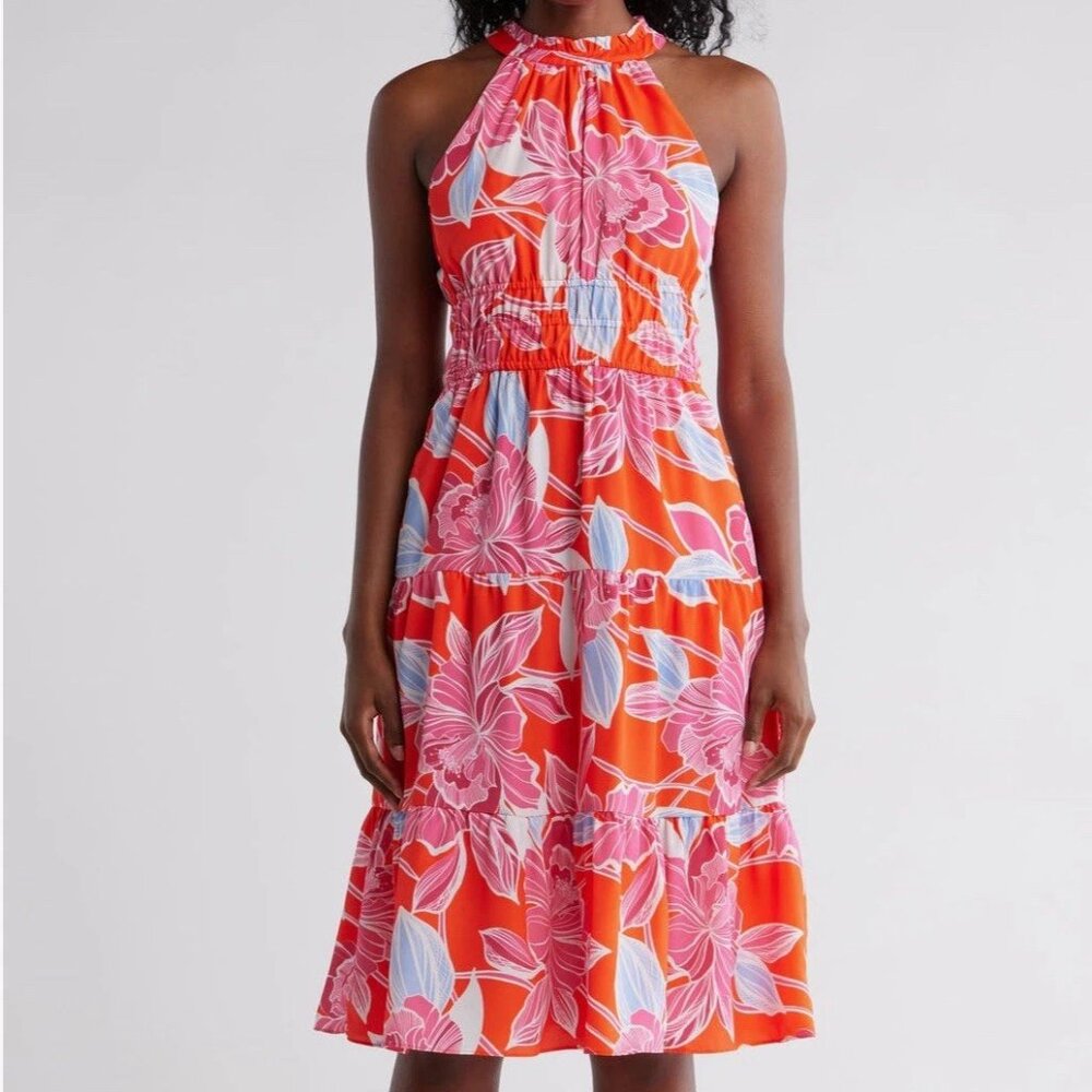 Eliza J - Halter Tiered Midi Dress - Size 8 - Poppy Red Floral